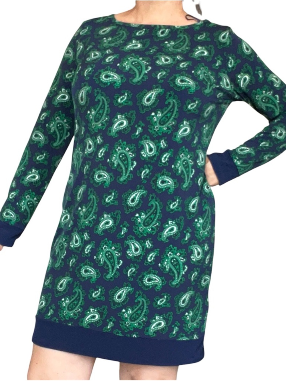 Michael Kors Women's Navy & Green Paisley Print Long Sleeves Shift Dress Size L